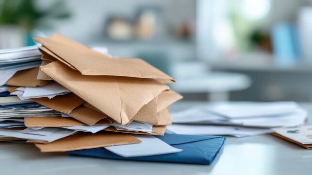 A close-up view of a messy pile of brown envelopes and letters scattered on a desk, indicative of an overwhelming amount of mail or administrative tasks awaiting attention.