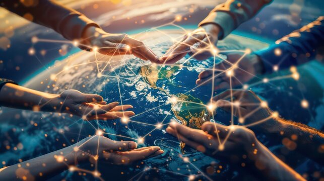 Hands reaching towards a glowing globe surrounded by network lines. - Powered by Adobe