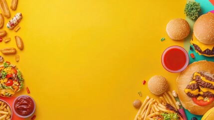 Fototapeta premium Eye-catching fast food background with copy space, including an assortment of fast food items and bright colors.