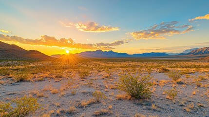 Obraz premium Dramatic Desert Sunset with Mountain Range and Sun Rays