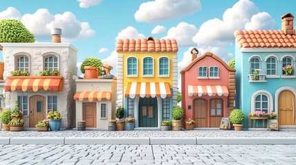 Charming 3D Cartoon Quaint Cityscape with Cobblestone Streets and Tiny Shops on White Background