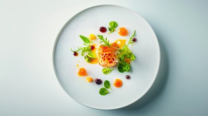 Gourmet food art featuring a high-end dish with molecular gastronomy elements, displayed on a modern, minimalist plate.