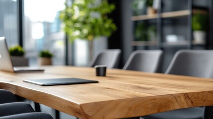 A contemporary office meeting room featuring a wooden table, gray chairs, and plenty of natural light. The space is enhanced with green plants and a minimalistic design aesthetic.