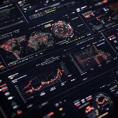 Fototapeta premium Global Network Data Analysis Dashboard with Graphs and Charts on a Dark Screen
