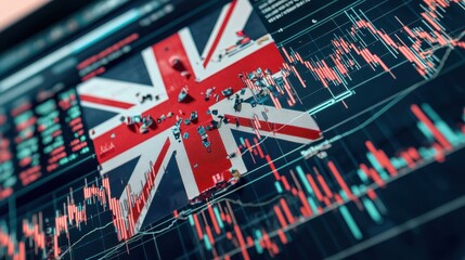 UK Flag on Financial Stock Market Chart  Trading   Investment  Business  Economy