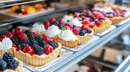 A row of delicious fruit tarts topped with an assortment of fresh berries and cream, displayed beautifully in a showcase, perfect for tempting customers in a bakery or café.