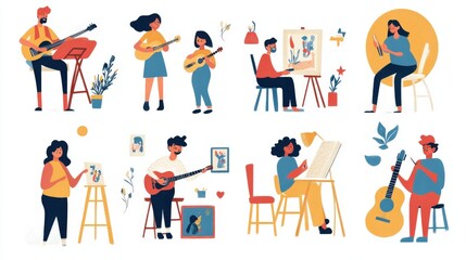 Naklejka premium Icons of people involved in creative activities, like painting, writing, and playing instruments.