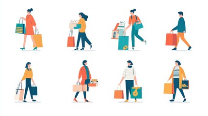 Icons of people shopping, carrying bags, and checking out items.