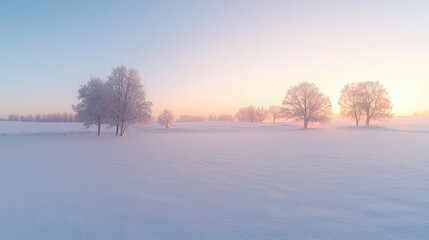 Winter Wonderland Landscape With Snowy Trees and Pink Sky