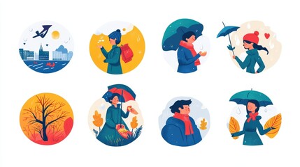 Fototapeta premium Icons representing people in different weather and seasonal activities.