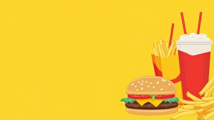 Modern fast food background with copy space, including images of popular items like burgers, fries, and sodas.