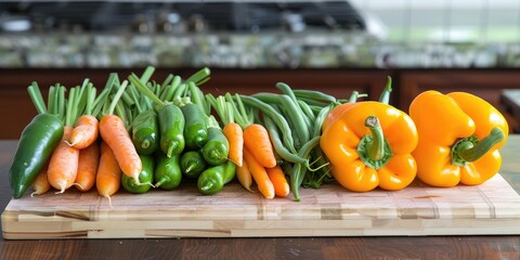 Preparation of fresh vegetables including orange carrots, green bell peppers, okra, and green beans. A vibrant array of veggies displayed on a cutting board in a kitchen, featuring organic produce