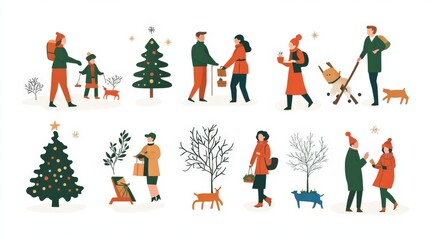 Fototapeta premium Set of icons showing people in different seasonal activities.