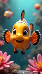 Fototapeta premium A colorful cartoon clownfish with black and yellow striped patterns, surrounded by various abstract shapes and floral elements in a whimsical, playful style, 
