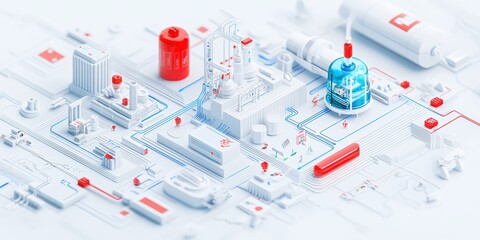 Abstract Technology Circuit Board Design with Red and Blue Elements