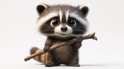 Naklejka premium Curious Cartoon Raccoon Holding Stick in Woodland Isolated on White Background