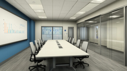 机と椅子が並べられた明るい会議室