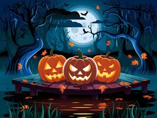 Fototapeta premium Spooky Jack-O'-Lanterns on a Haunted Dock in a Forest Under the Full Moon