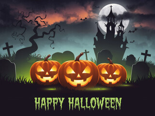 Fototapeta premium Haunted Graveyard with Glowing Jack-O'-Lanterns and Happy Halloween Message