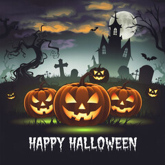 Haunted Graveyard with Glowing Jack-O'-Lanterns and Happy Halloween Message