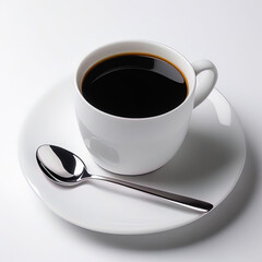 White mug of black coffee with spoon on saucer.
