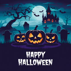 Haunted Graveyard with Glowing Jack-O'-Lanterns and Happy Halloween Message