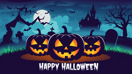 Fototapeta premium Haunted Graveyard with Glowing Jack-O'-Lanterns and Happy Halloween Message