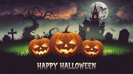 Haunted Graveyard with Glowing Jack-O'-Lanterns and Happy Halloween Message