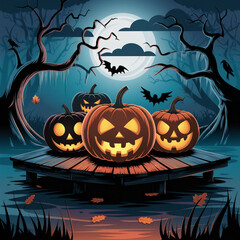 Spooky Jack-O'-Lanterns on a Haunted Dock in a Forest Under the Full Moon