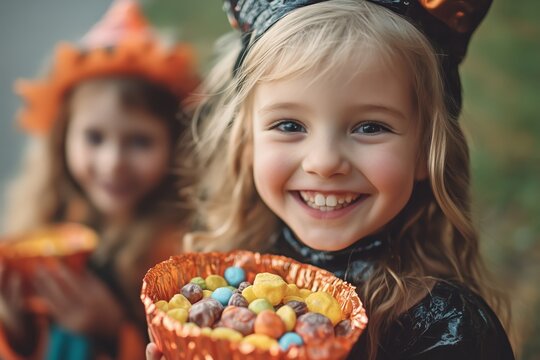 smiling girl in halloween costume holding candy
