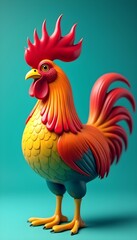 Fototapeta premium A colorful rooster with bright red and yellow feathers, a prominent crest, and a thick beak, positioned against a dark teal background, rendered in 3D 