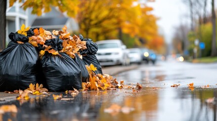 A row of black garbage bags filled with collected leaves on a rainy autumn street, exhibiting the routine of urban cleanliness and preparation for changing seasons.