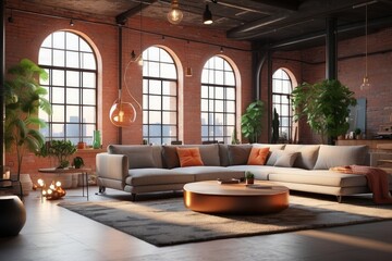 Living room interior in loft, industrial style, 3d render