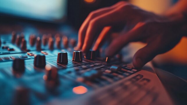 A close-up of a producer's hands on a mixing console, highlighting intricate knobs and sliders against a light solid color background