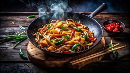 High-contrast monochromatic composition emphasizing textures of sizzling Drunken Noodles and dark wooden wok in moody lighting