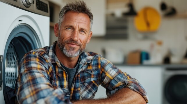 A mature man with gray hair and beard, wearing a checked shirt, sits by a washing machine in a laundry area, displaying a thoughtful expression and casual demeanor. - Powered by Adobe