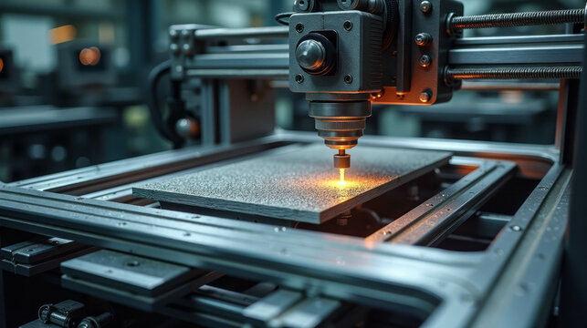 A laser cutting machine is actively processing a metal sheet, demonstrating precision in industrial fabrication. The workshop is busy with equipment and tools