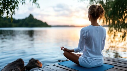 Fototapeta premium A woman sits on a dock by the water, practicing meditation at sunset. She is in a peaceful yoga pose, surrounded by nature, reflecting a moment of calm and introspection.