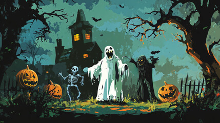 funny picture of halloween characters together, zombie, witch, pumpkin, vampire, frankinstein, castle and spirits