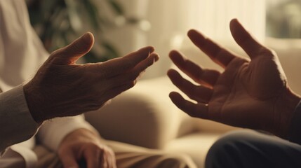A close-up of a psychiatrist's hands gesturing as they listen intently to a patient, with a soft background that conveys a sense of comfort