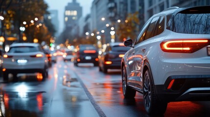 The white car maneuvers through a busy urban street under the bright city lights, reflecting both the vibrancy and the hustle of modern city life at night.