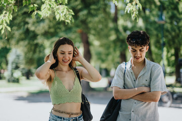 Young friends smiling and enjoying a sunny day in the park. Both are casually dressed and appear...