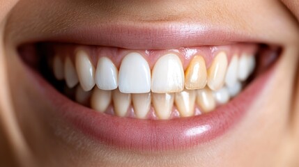 Fototapeta premium A high-resolution close-up image showing a person's smile with one prominently discolored tooth among otherwise bright white and well-maintained teeth, indicating dental health issues.