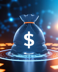Bag of Money with Dollar Symbol and Glowing Lights
