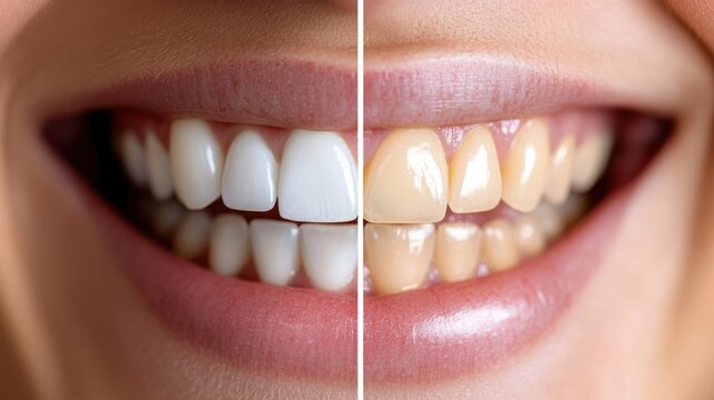 An image displaying a dental transformation with a side-by-side comparison of teeth before and after whitening. It highlights the effectiveness of teeth whitening treatments.