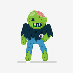 Flat illustration walking zombie with brain and hanging eye