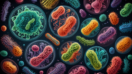 Stylized Bacteria Colony with Vibrant Colors and Unique Shapes
