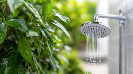 A modern outdoor shower with shiny chrome, water streaming down, surrounded by lush green plants, offering a refreshing natural bathing experience in an open setting.