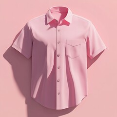 Pink short-sleeved button-down shirt with a pocket on a pink background.