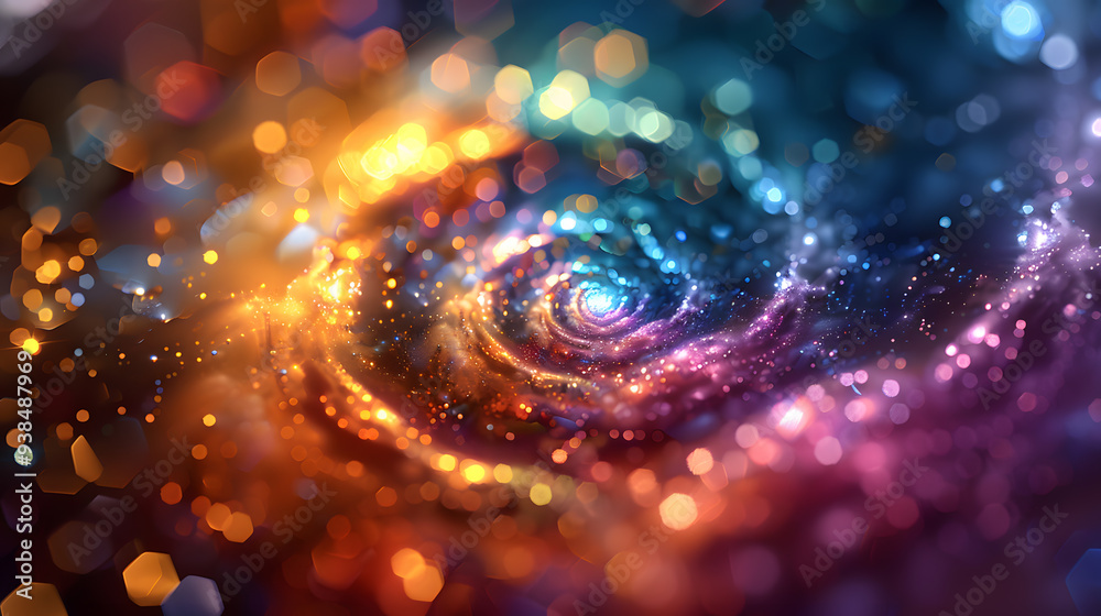 Wall mural A spiral galaxy with rainbow colors and sparkling stars, centered in the frame, macro photography with a bokeh effect and depth of field in the psychede, generated with AI